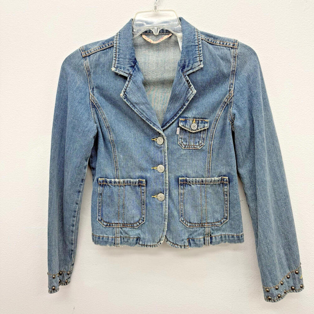 Levis Girls Medium Denim Jean Jacket Blazer Coat White Label Studs